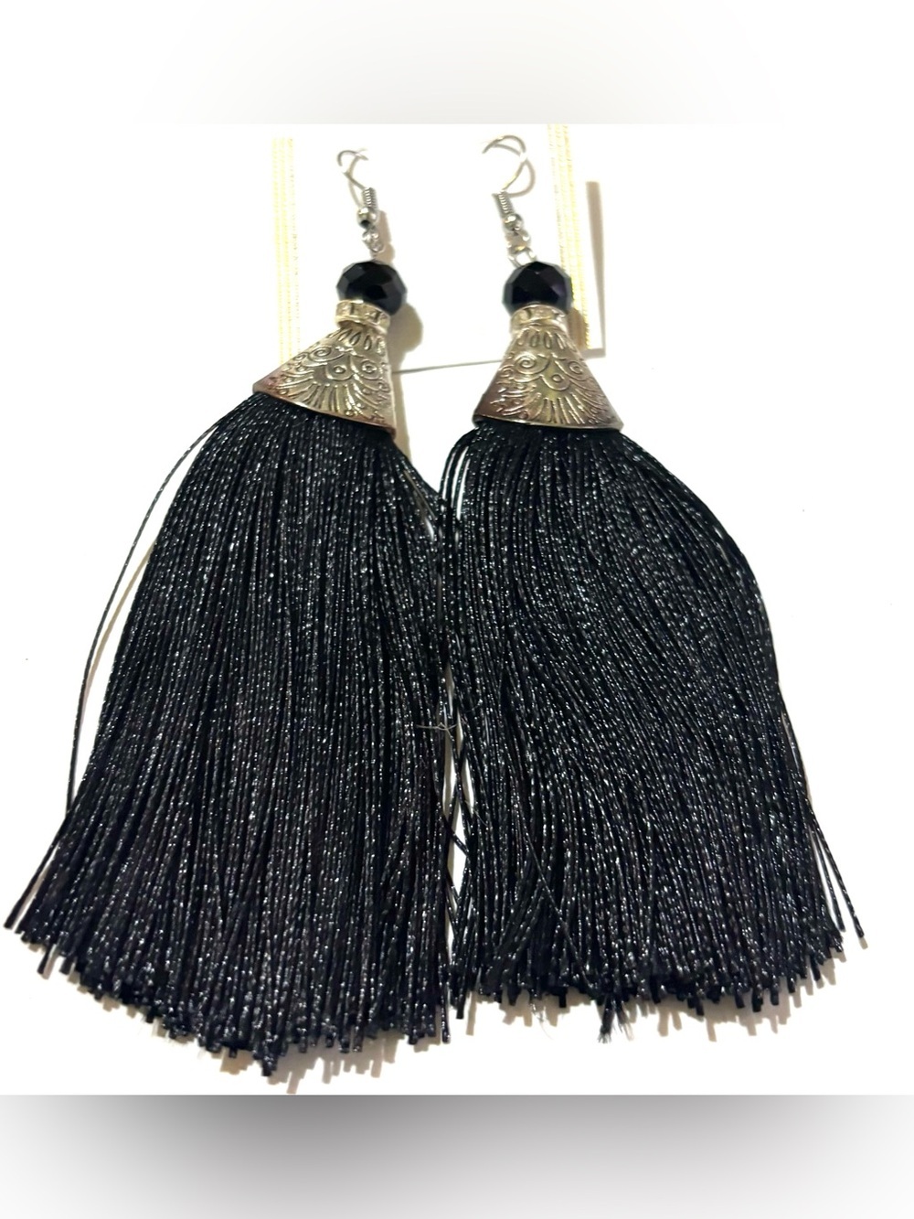 Black Tassel Drop Earrings with Silver-Tone Cones - Picture 1 of 1
